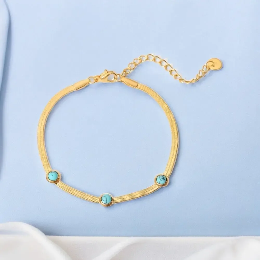 NEW 18k yellow gold plated flat snake chain turquoise bracelet jewelry B27A